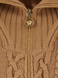 Versace Men Beige High Neck Sweater With Zip And Embroidered Medusa Head On The Back In Wool For Men
