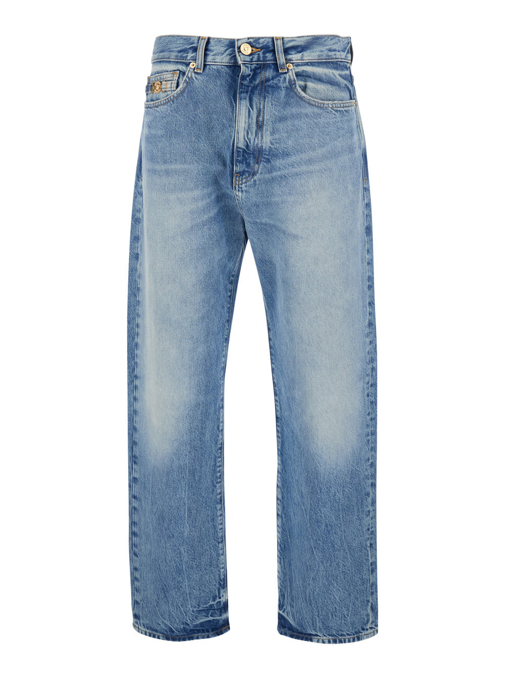 Versace Men Light Blue Jeans With Logo Patch On The Back And Faded Effect In Denim For Men