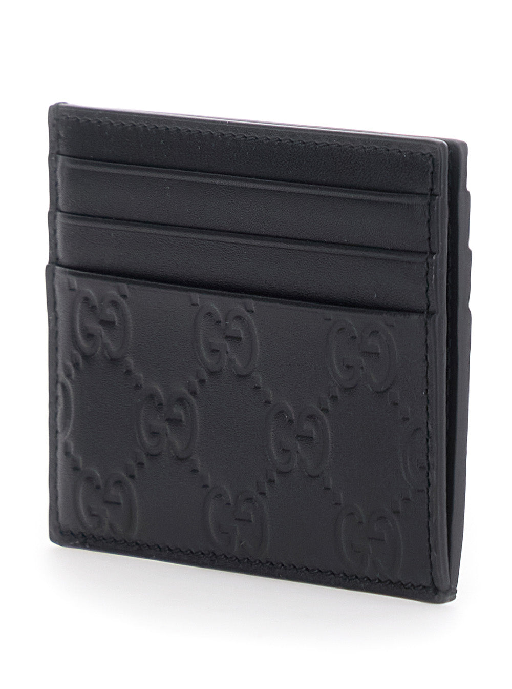 Gucci Men Black Emblem Card Holder With Gg Motif In Leather For Men