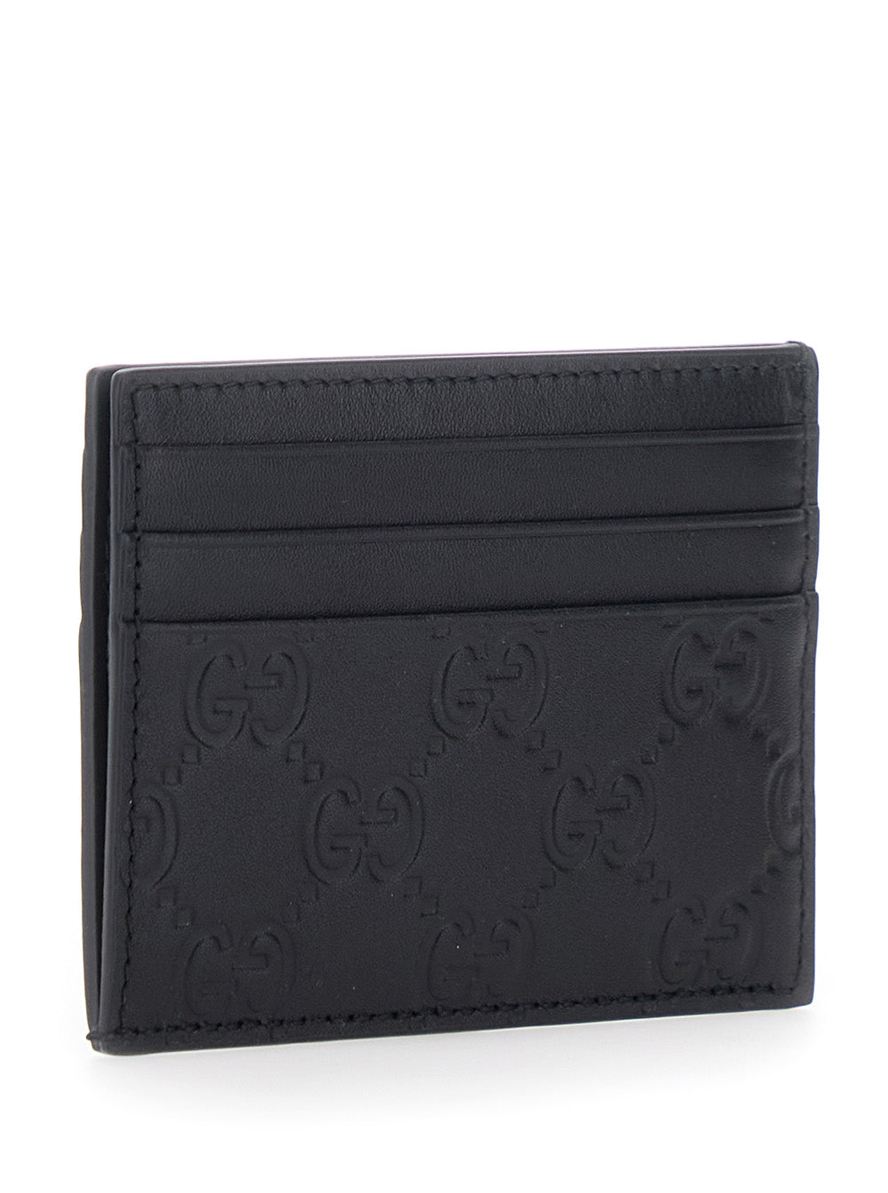 Gucci Men Black Emblem Card Holder With Gg Motif In Leather For Men