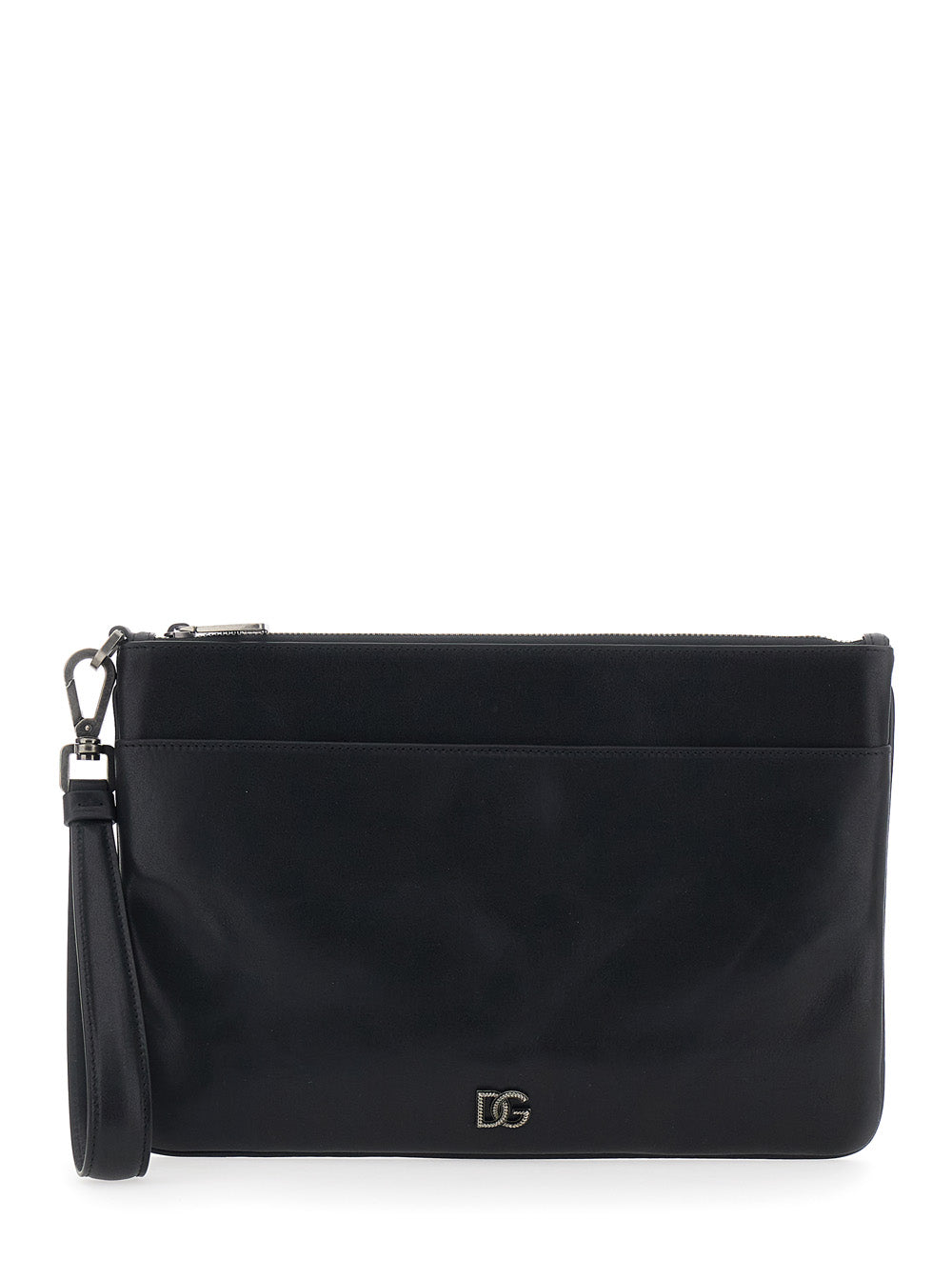 Dolce & Gabbana Men Black Clutch With Wrist Strap And Logo Plate In Leather For Men