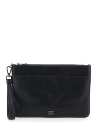 Dolce & Gabbana Men Black Clutch With Wrist Strap And Logo Plate In Leather For Men