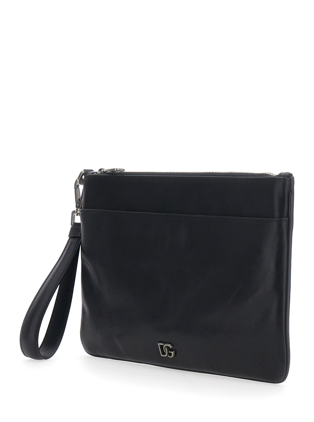 Dolce & Gabbana Men Black Clutch With Wrist Strap And Logo Plate In Leather For Men