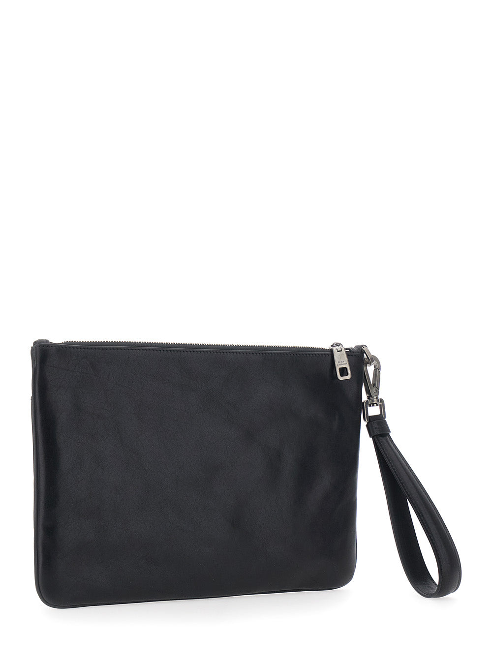 Dolce & Gabbana Men Black Clutch With Wrist Strap And Logo Plate In Leather For Men
