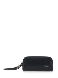 Dolce & Gabbana Men Black Clutch With Wrist Strap And Lettering Logo On The Front In Leather For Men