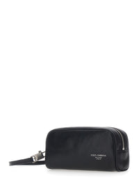 Dolce & Gabbana Men Black Clutch With Wrist Strap And Lettering Logo On The Front In Leather For Men