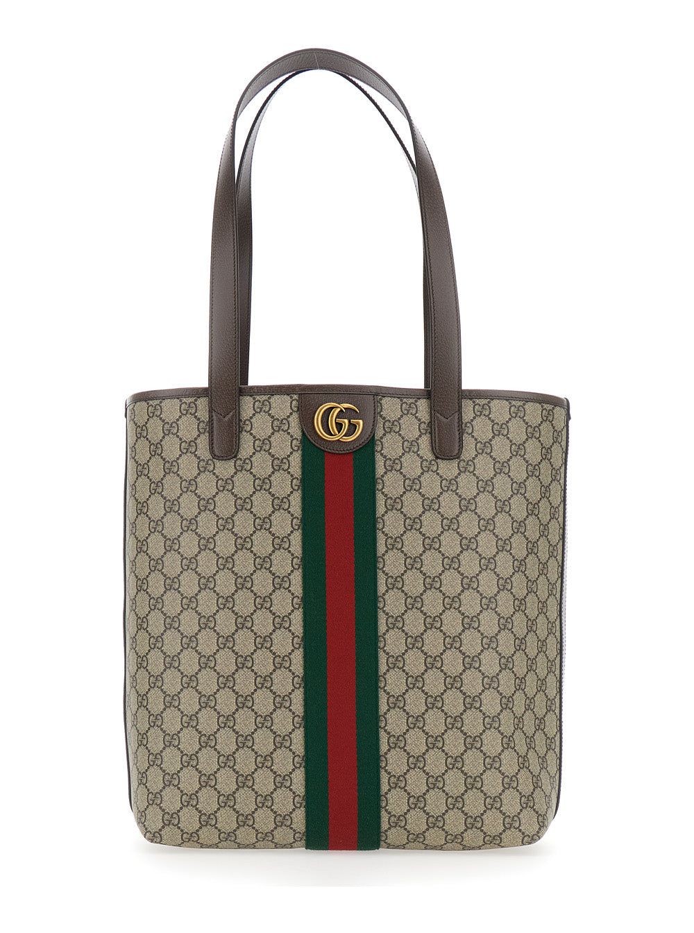 Gucci Men Beige Shoulder Bag 'Ophidia' With Gg Plate On The Front And Web Detail In Gg Supreme Fabric And Leather For Men