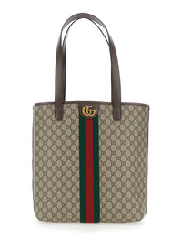 Gucci Men Beige Shoulder Bag 'Ophidia' With Gg Plate On The Front And Web Detail In Gg Supreme Fabric And Leather For Men