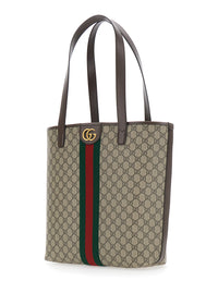 Gucci Men Beige Shoulder Bag 'Ophidia' With Gg Plate On The Front And Web Detail In Gg Supreme Fabric And Leather For Men