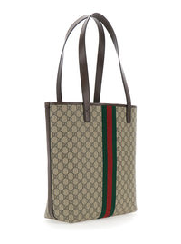 Gucci Men Beige Shoulder Bag 'Ophidia' With Gg Plate On The Front And Web Detail In Gg Supreme Fabric And Leather For Men
