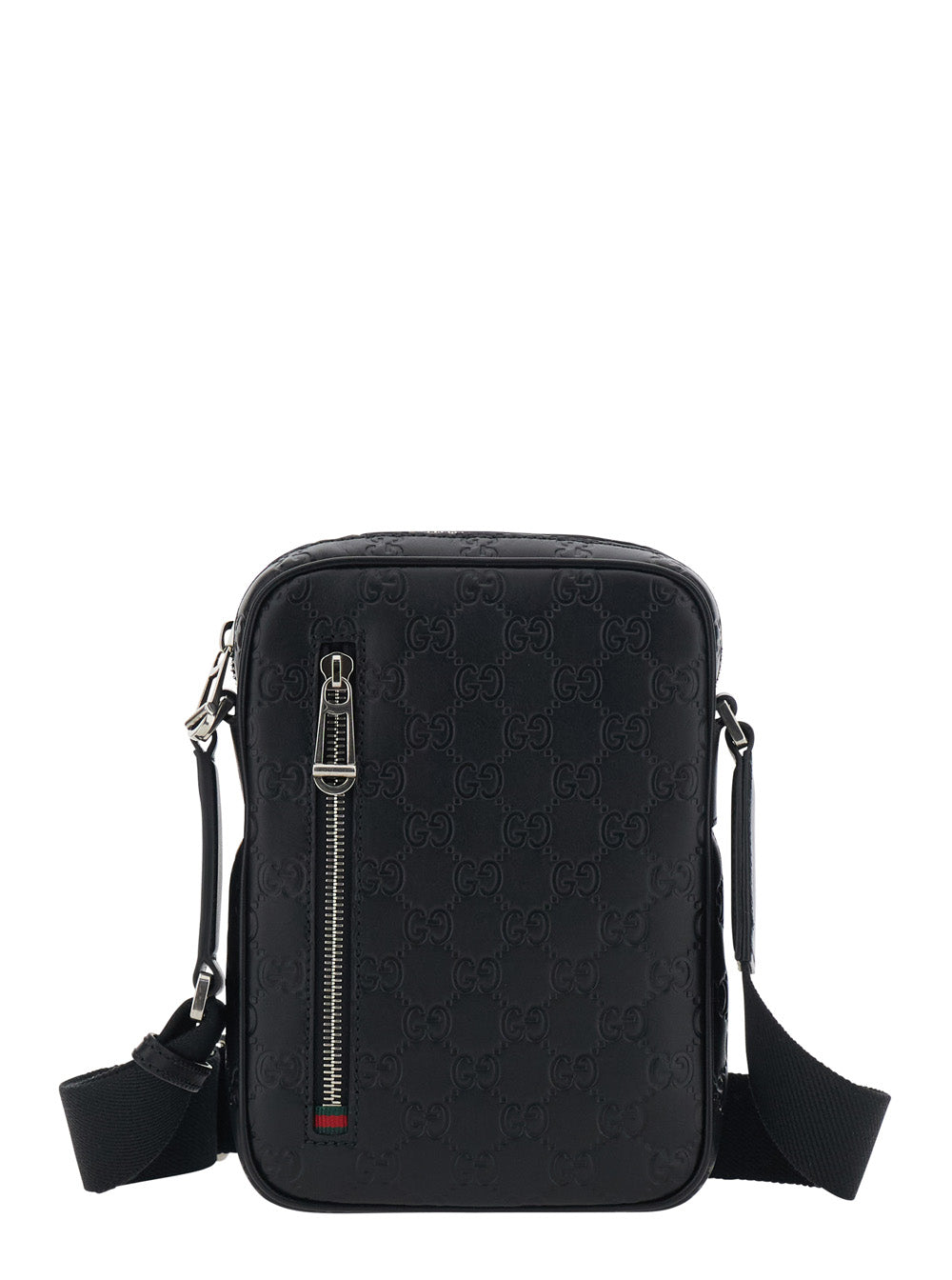 Gucci Men 'Emblem' Black Crossbody Bag With Adjustable Strap And All-Over Gg Motif In Leather For Men