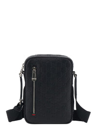 Gucci Men 'Emblem' Black Crossbody Bag With Adjustable Strap And All-Over Gg Motif In Leather For Men