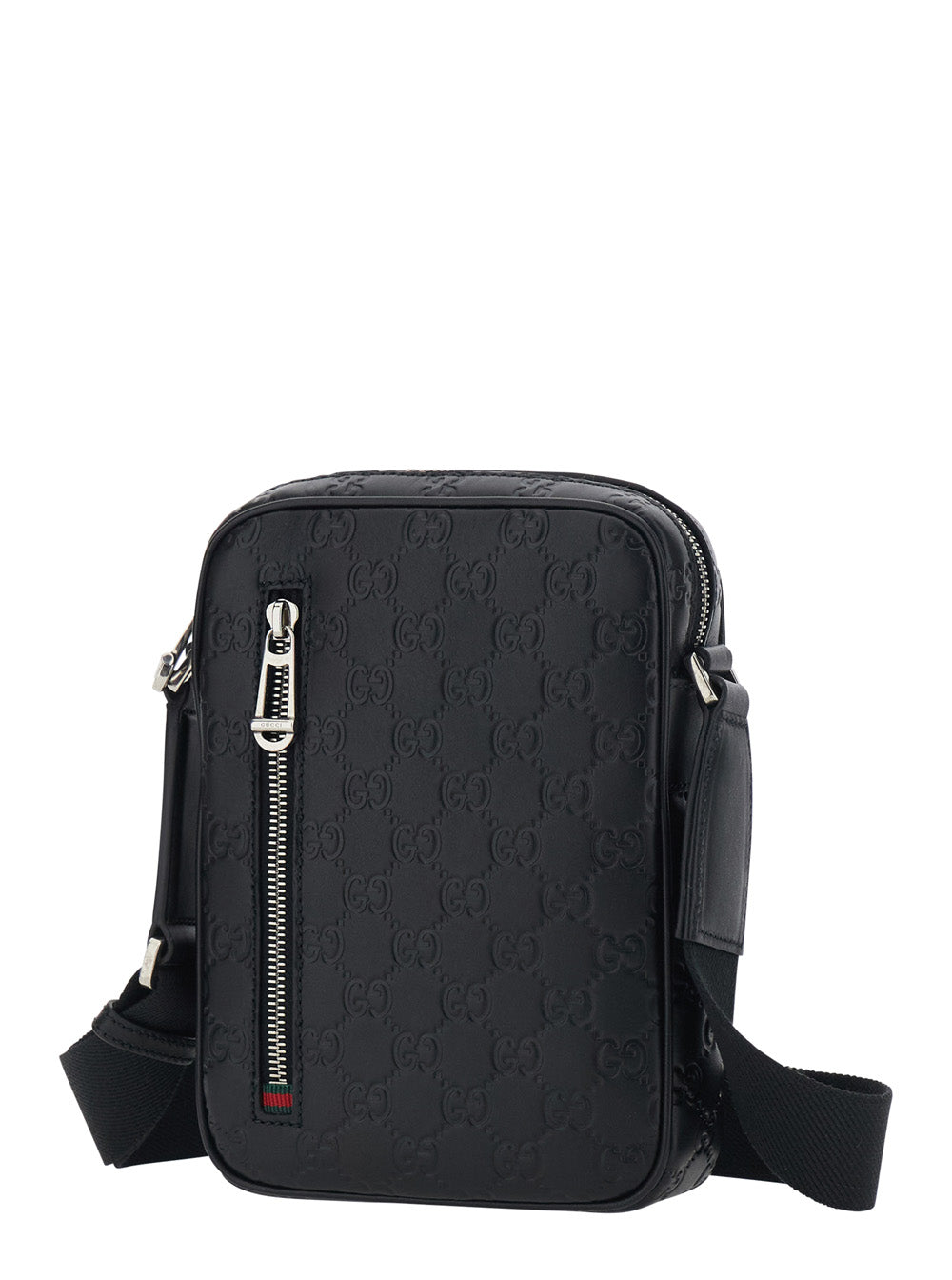Gucci Men 'Emblem' Black Crossbody Bag With Adjustable Strap And All-Over Gg Motif In Leather For Men