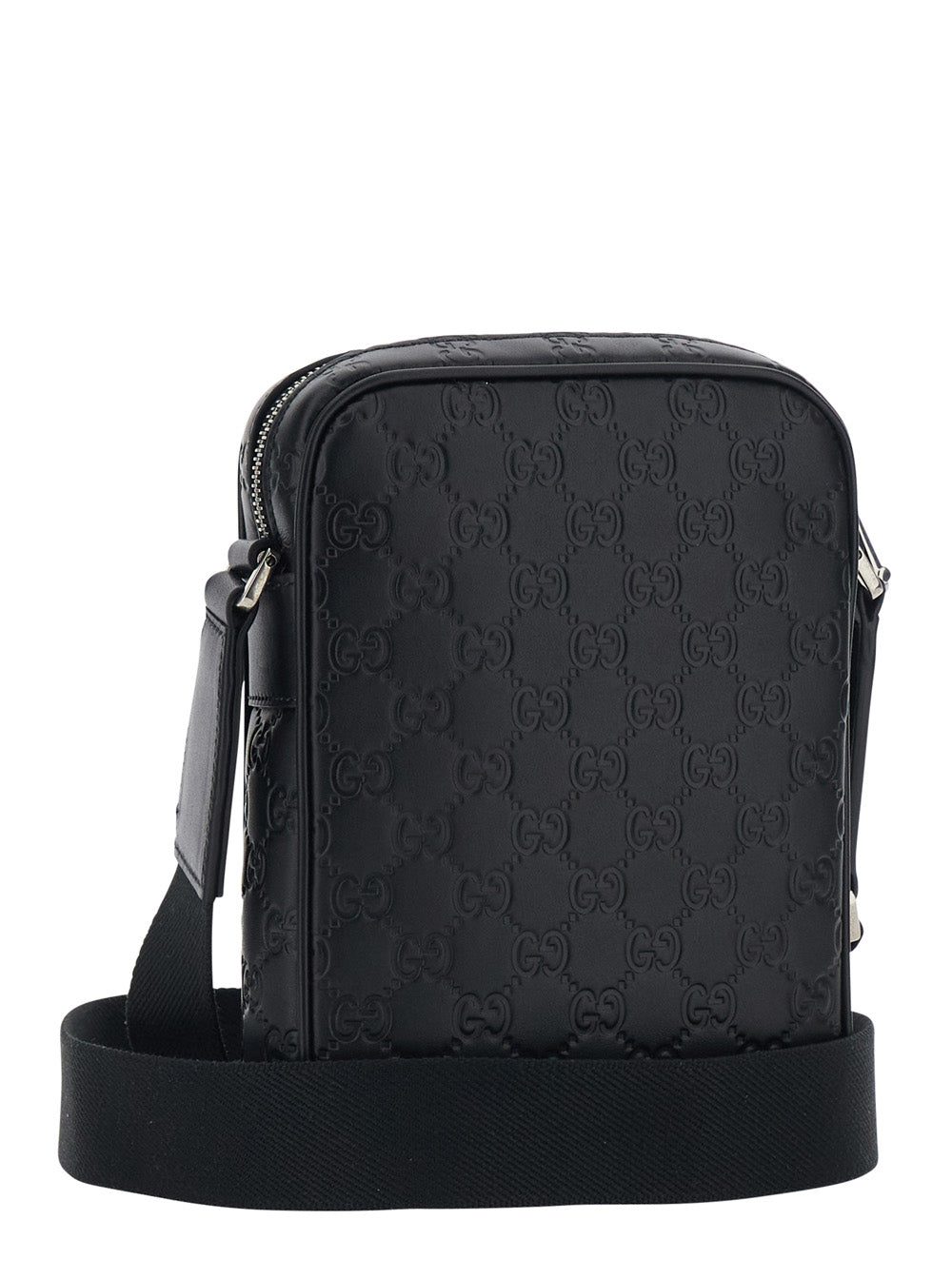 Gucci Men 'Emblem' Black Crossbody Bag With Adjustable Strap And All-Over Gg Motif In Leather For Men