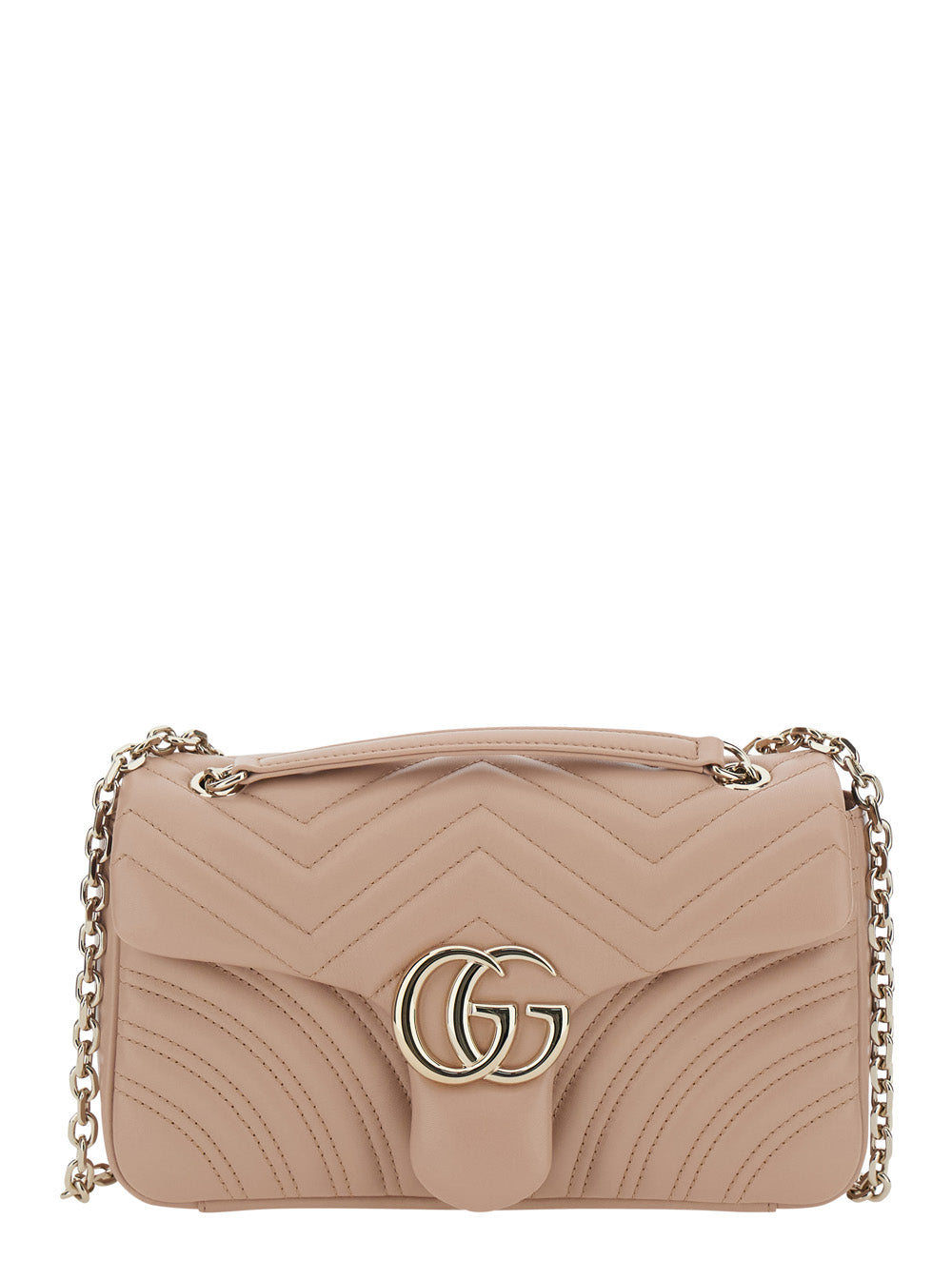 Gucci Women Gg Marmont Shoulder Bag With Adjustable Chain Strap And Gg Plaque On Front In Pink Leather For Women