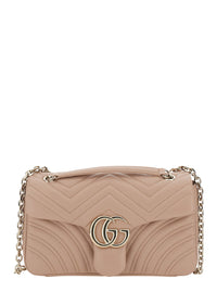Gucci Women Gg Marmont Shoulder Bag With Adjustable Chain Strap And Gg Plaque On Front In Pink Leather For Women