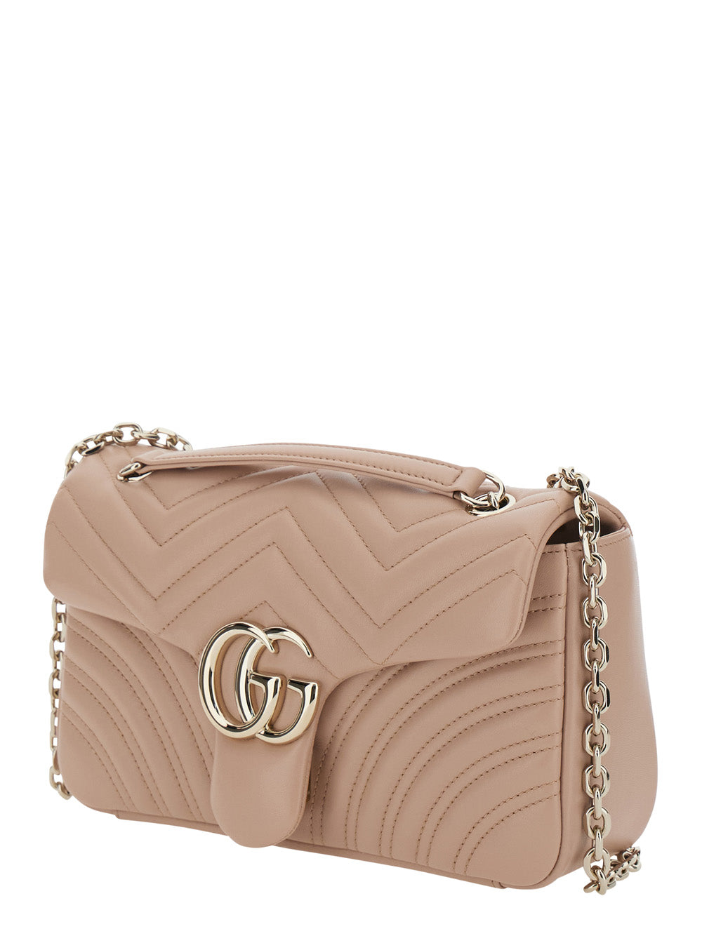 Gucci Women Gg Marmont Shoulder Bag With Adjustable Chain Strap And Gg Plaque On Front In Pink Leather For Women
