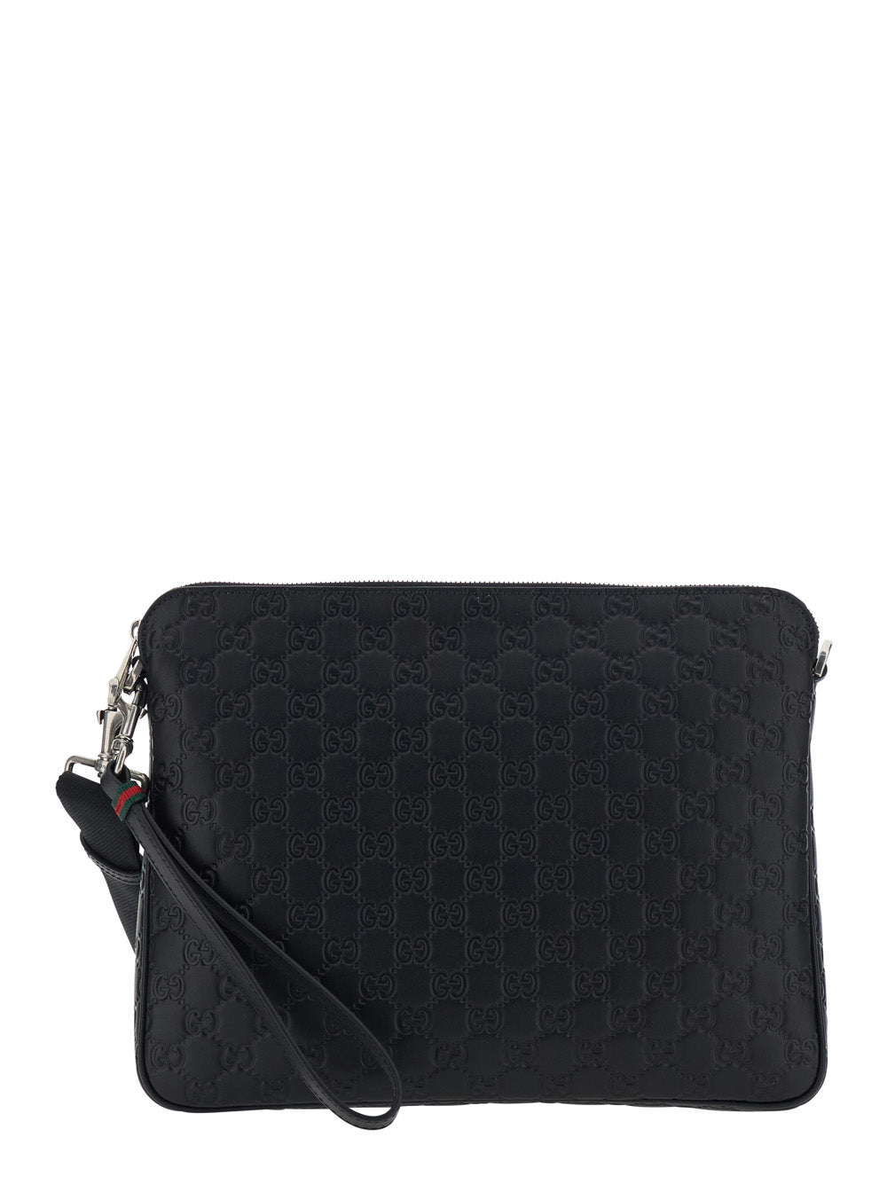 Gucci Men Black Emblem Shoulder Bag With Adjustable And Removable Strap And All-Over Gg Pattern In Leather For Men