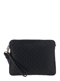 Gucci Men Black Emblem Shoulder Bag With Adjustable And Removable Strap And All-Over Gg Pattern In Leather For Men