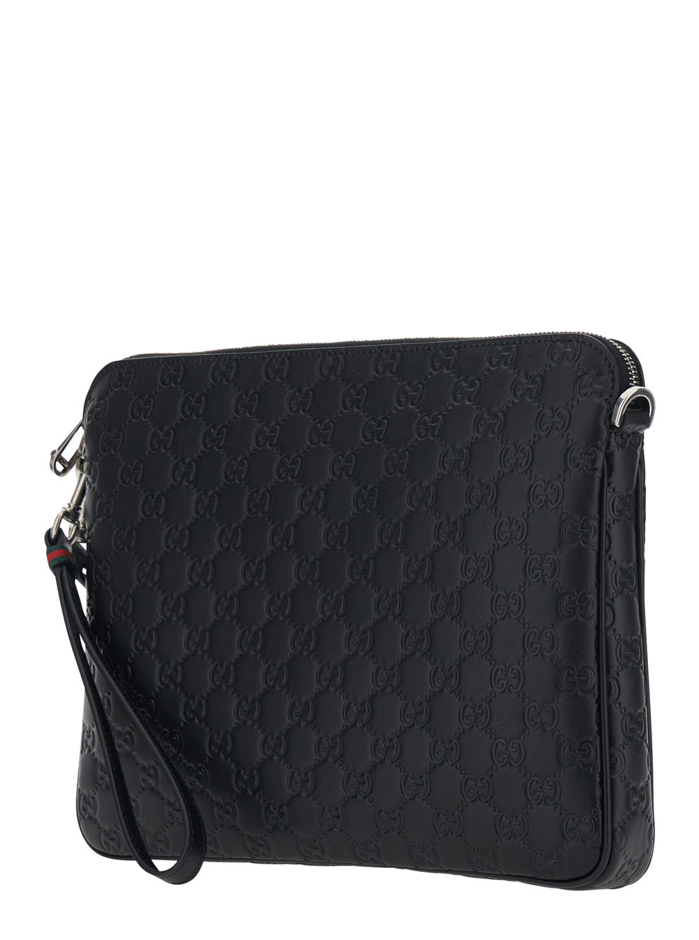 Gucci Men Black Emblem Shoulder Bag With Adjustable And Removable Strap And All-Over Gg Pattern In Leather For Men