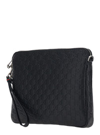 Gucci Men Black Emblem Shoulder Bag With Adjustable And Removable Strap And All-Over Gg Pattern In Leather For Men