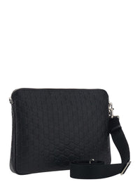 Gucci Men Black Emblem Shoulder Bag With Adjustable And Removable Strap And All-Over Gg Pattern In Leather For Men