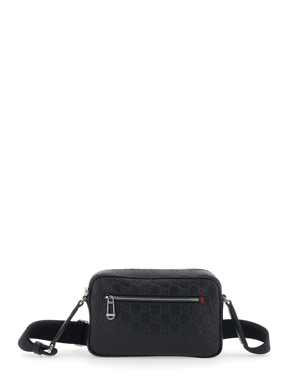Gucci Men Black Emblem Shoulder Bag With Adjustable Strap And All-Over Gg Pattern In Leather For Men