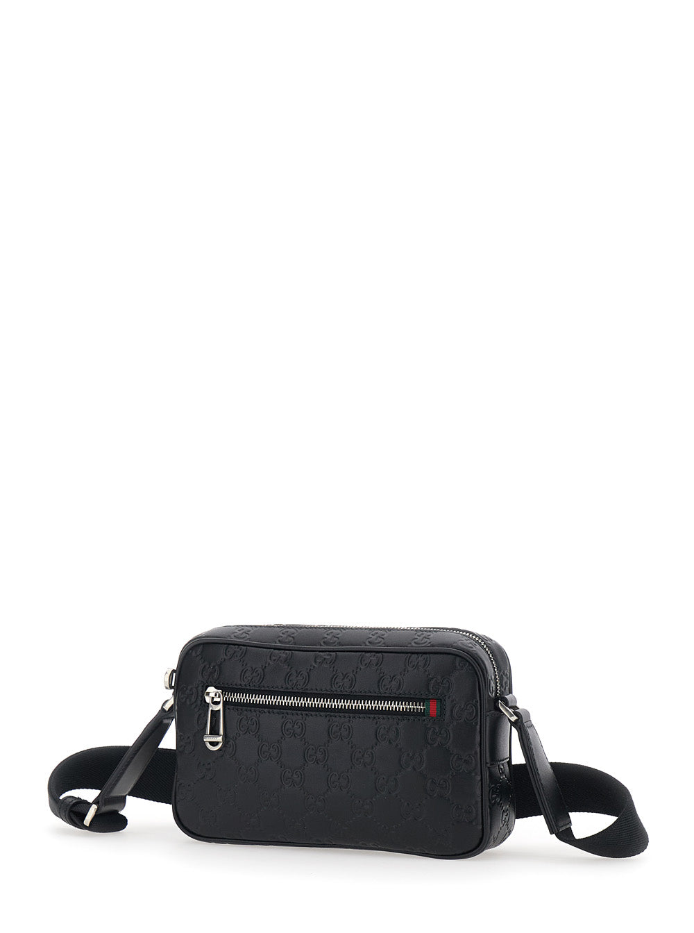Gucci Men Black Emblem Shoulder Bag With Adjustable Strap And All-Over Gg Pattern In Leather For Men