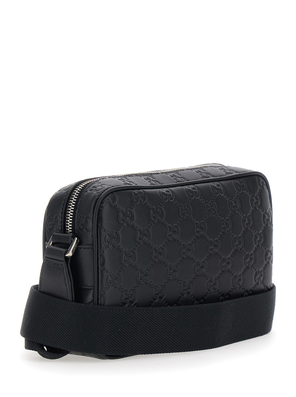 Gucci Men Black Emblem Shoulder Bag With Adjustable Strap And All-Over Gg Pattern In Leather For Men
