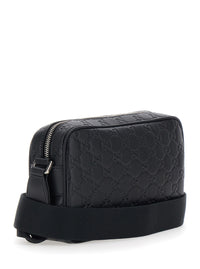 Gucci Men Black Emblem Shoulder Bag With Adjustable Strap And All-Over Gg Pattern In Leather For Men