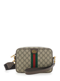 Gucci Men Beige Ophidia Shoulder Bag With Adjustable And Removable Strap And Web Detail On The Front In Gg Canvas And Leather For Men