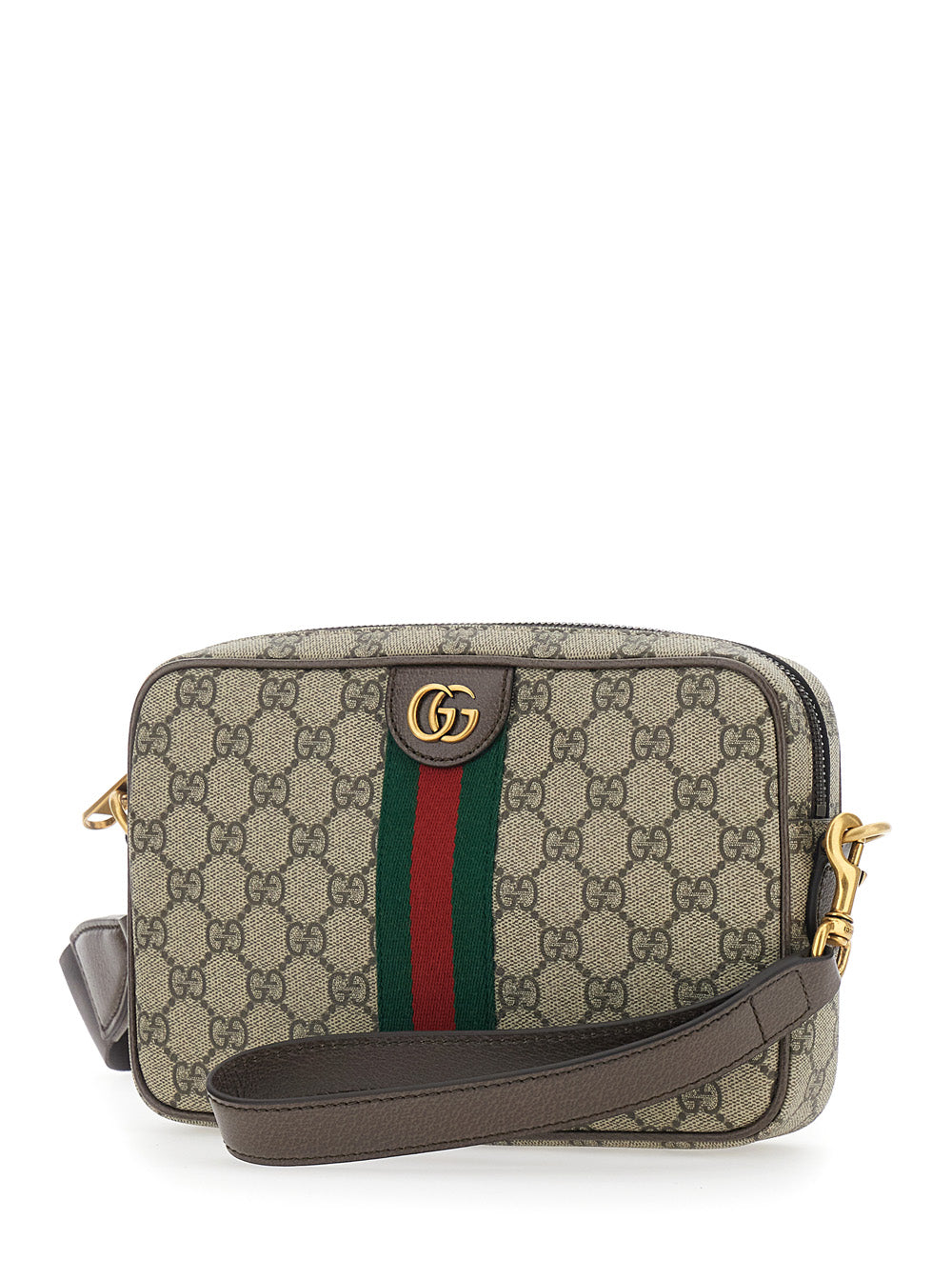 Gucci Men Beige Ophidia Shoulder Bag With Adjustable And Removable Strap And Web Detail On The Front In Gg Canvas And Leather For Men