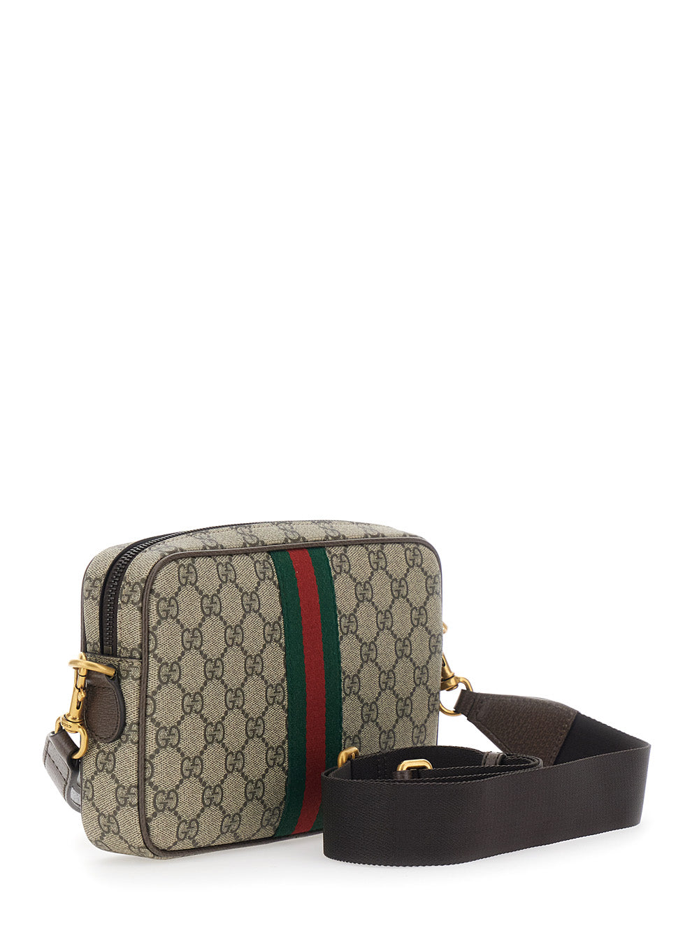Gucci Men Beige Ophidia Shoulder Bag With Adjustable And Removable Strap And Web Detail On The Front In Gg Canvas And Leather For Men