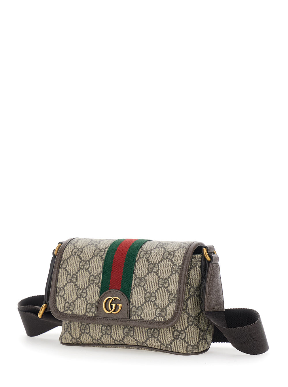Gucci Men Beige Ophidia Shoulder Bag With Adjustable And Removable Strap And Web Detail On The Front In Gg Canvas And Leather For Men