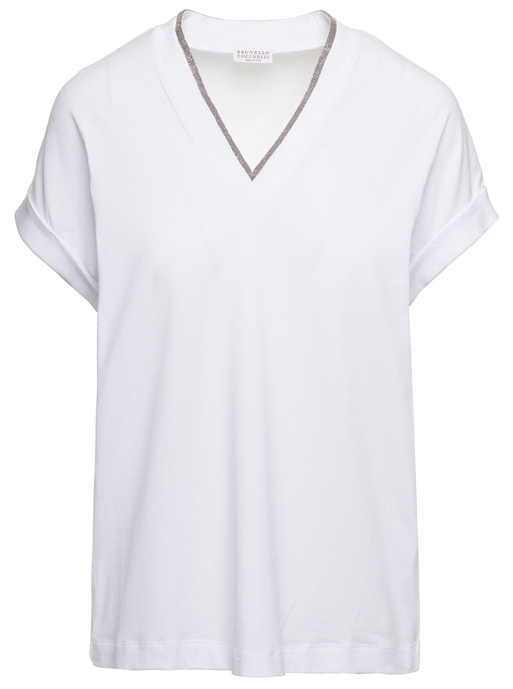Brunello Cucinelli Women White V-Neck T-Shirt With Monile Detail In Stretch Cotton Woman Brunello Cucinelli