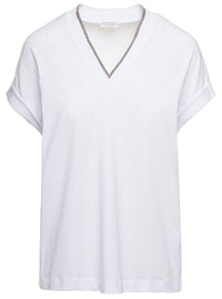 Brunello Cucinelli Women White V-Neck T-Shirt With Monile Detail In Stretch Cotton Woman Brunello Cucinelli