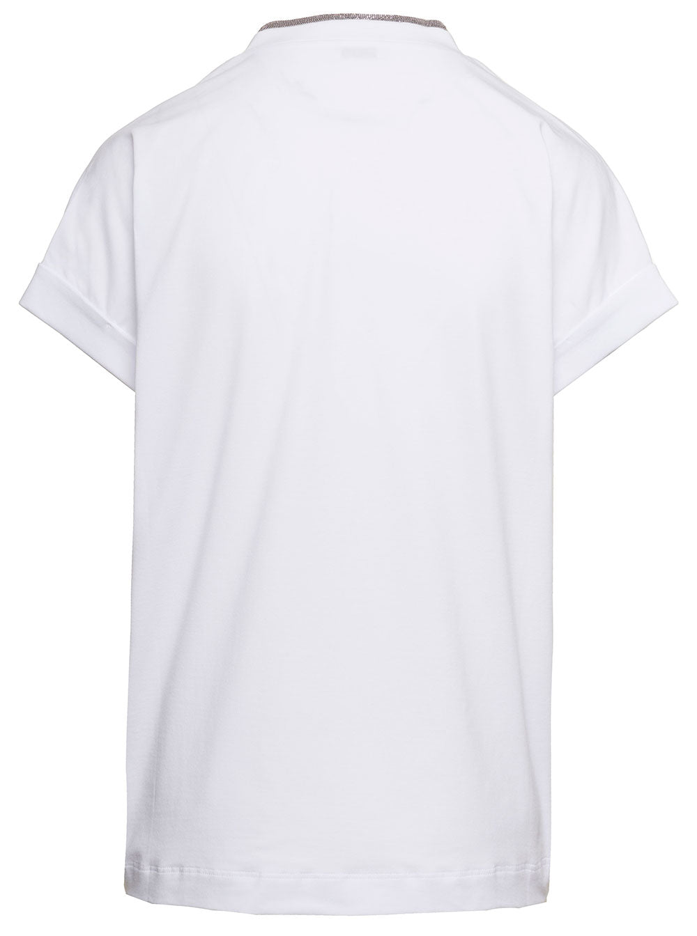 Brunello Cucinelli Women White V-Neck T-Shirt With Monile Detail In Stretch Cotton Woman Brunello Cucinelli