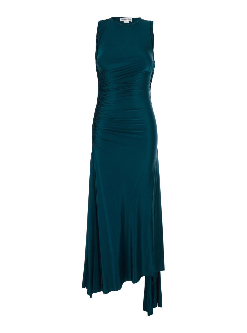 Victoria Beckham Women Long Dress 'Victoria' Petrol Green With Round Neck And Ruching Details In Viscose For Women