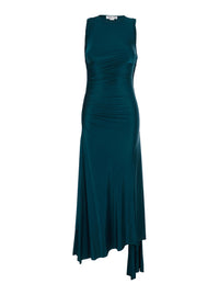 Victoria Beckham Women Long Dress 'Victoria' Petrol Green With Round Neck And Ruching Details In Viscose For Women