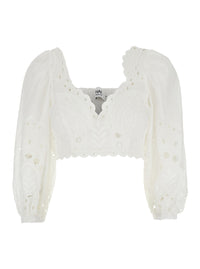 Charo Ruiz Women 'Luna' White Top With Deep Neckline And Intricate Embroidery In Cotton Blend For Women