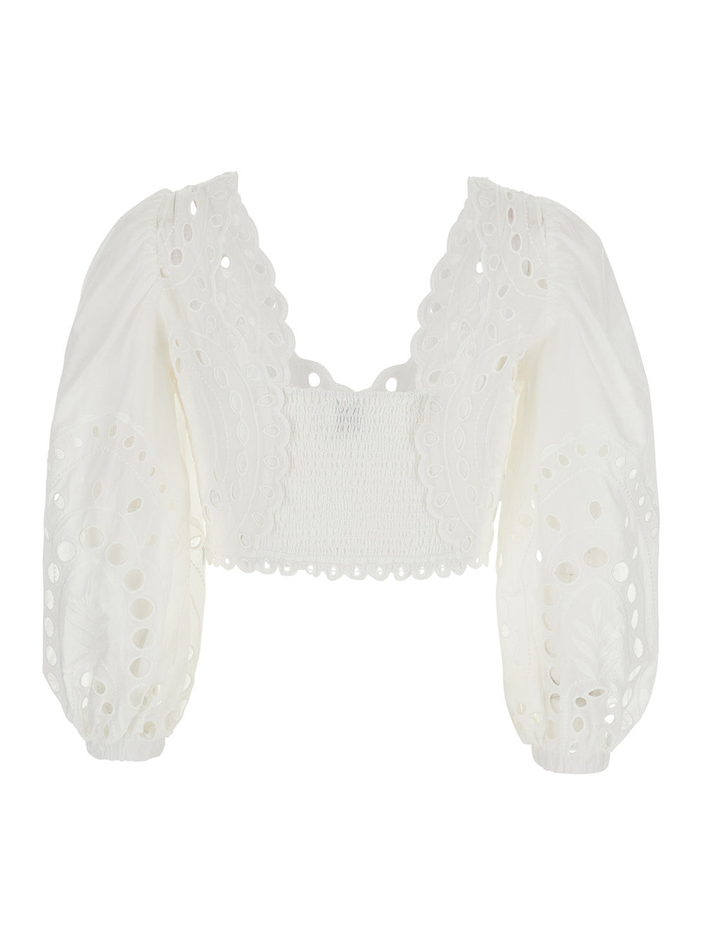 Charo Ruiz Women 'Luna' White Top With Deep Neckline And Intricate Embroidery In Cotton Blend For Women