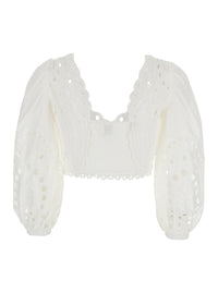 Charo Ruiz Women 'Luna' White Top With Deep Neckline And Intricate Embroidery In Cotton Blend For Women