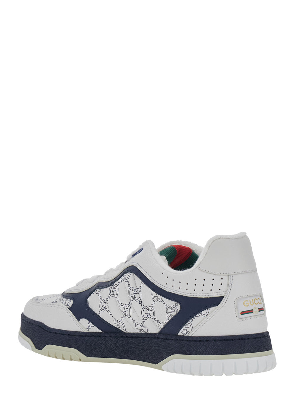 Gucci Men 'Re-Web' White Sneaker Low Top With Web Tab And Gg All-Over Motif In Leather Man