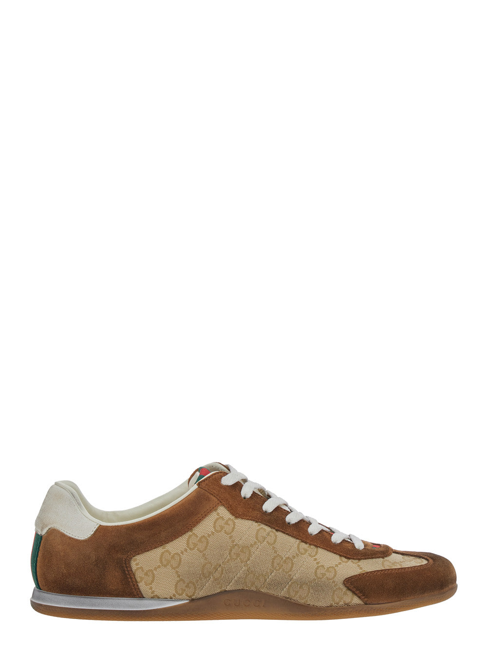 Gucci Men Beige Low Top Sneakers With Web Detail On Tongue And Heel In Gg Fabric And Suede For Men