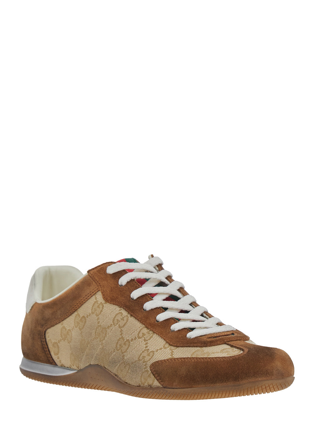 Gucci Men Beige Low Top Sneakers With Web Detail On Tongue And Heel In Gg Fabric And Suede For Men
