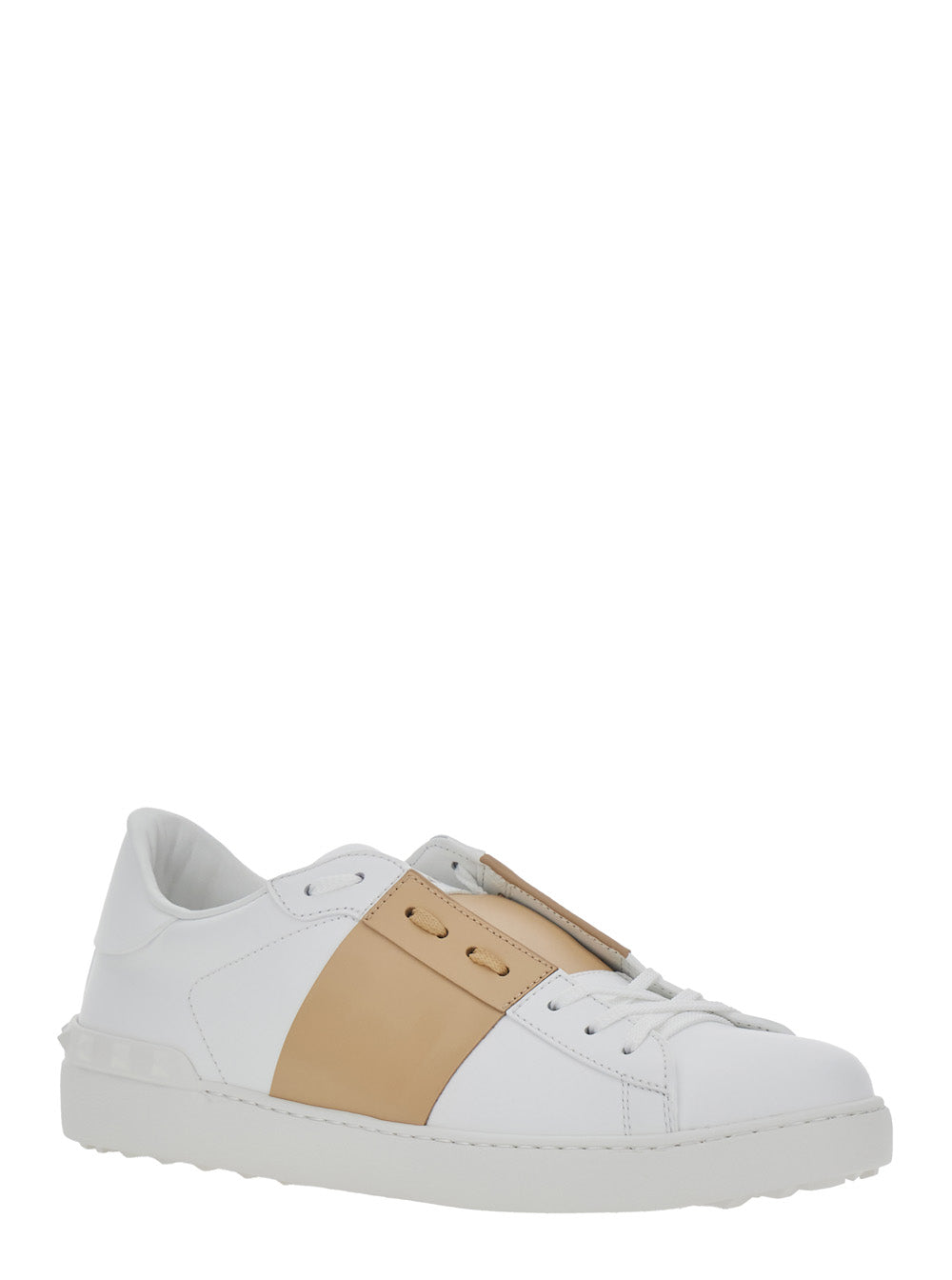 Valentino Garavani Men 'Open' White Low Top Sneaker With Logo Tab And Rockstud Detail On The Back In Leather Man