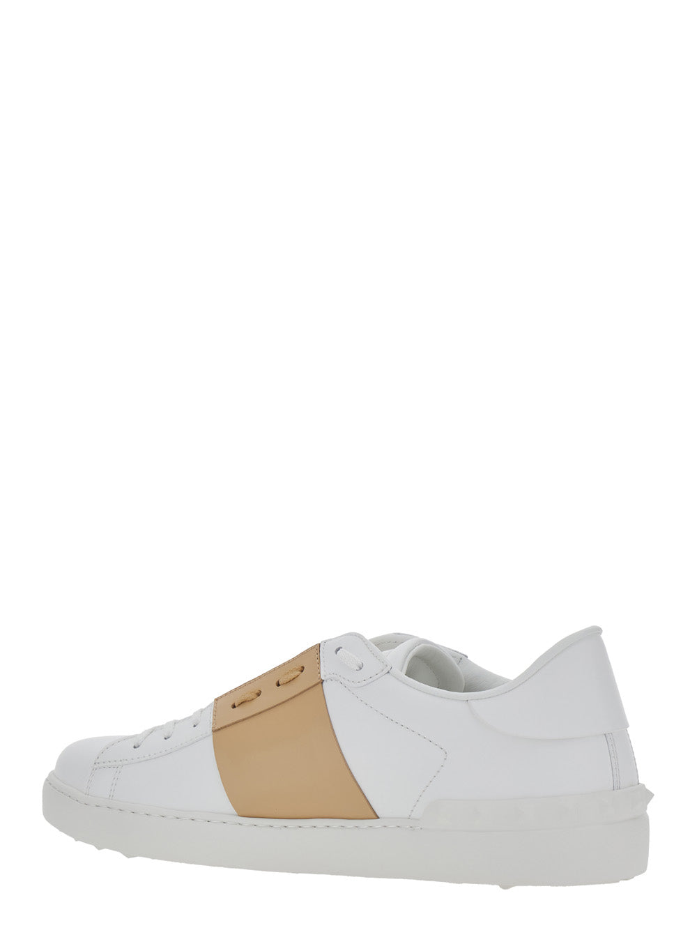 Valentino Garavani Men 'Open' White Low Top Sneaker With Logo Tab And Rockstud Detail On The Back In Leather Man