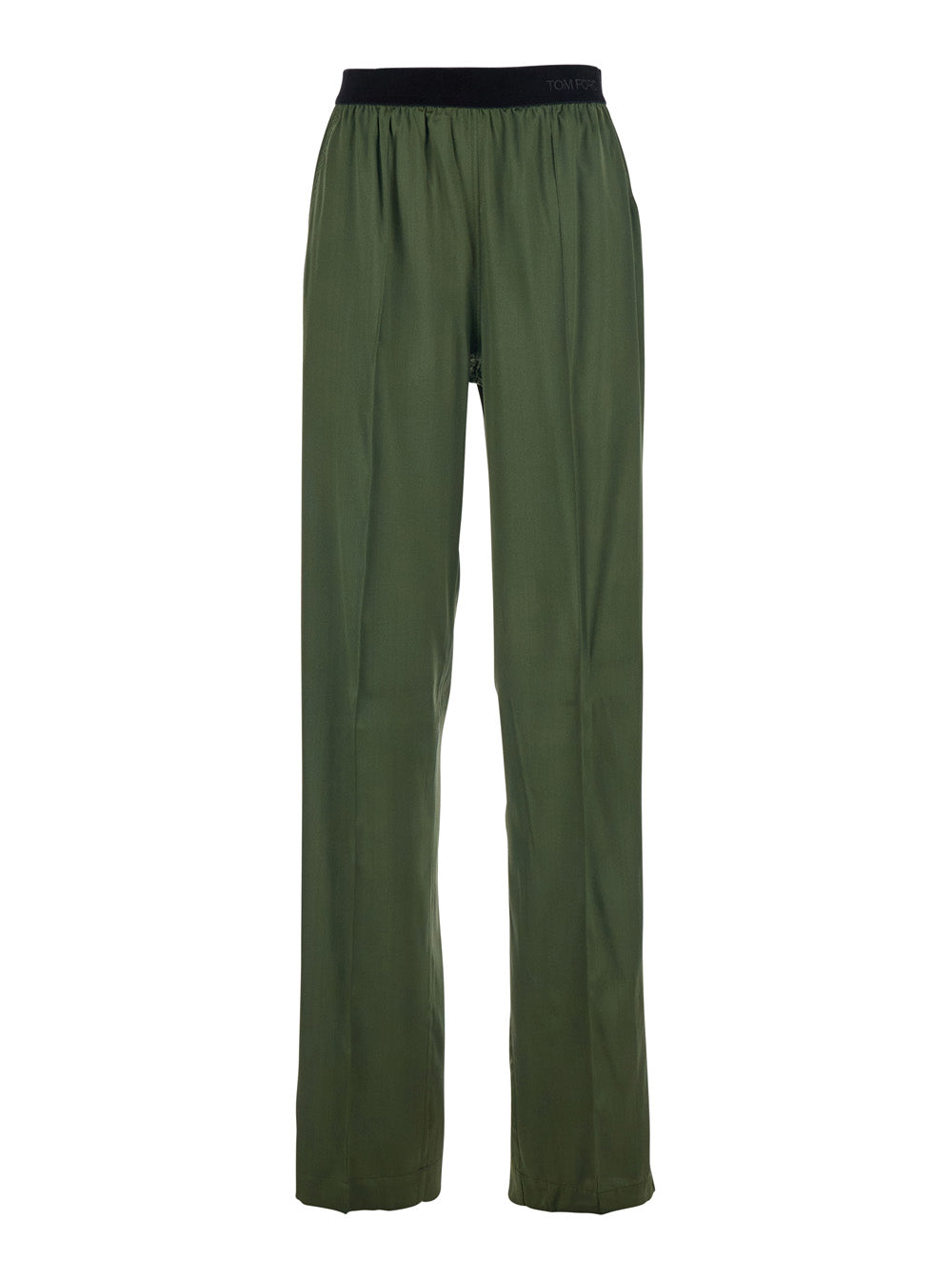 Tom Ford Women Green Elastic Waist Pants With Logo Lettering In Stretch Silk Woman
