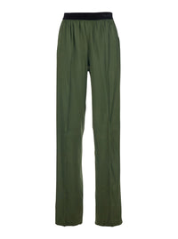 Tom Ford Women Green Elastic Waist Pants With Logo Lettering In Stretch Silk Woman