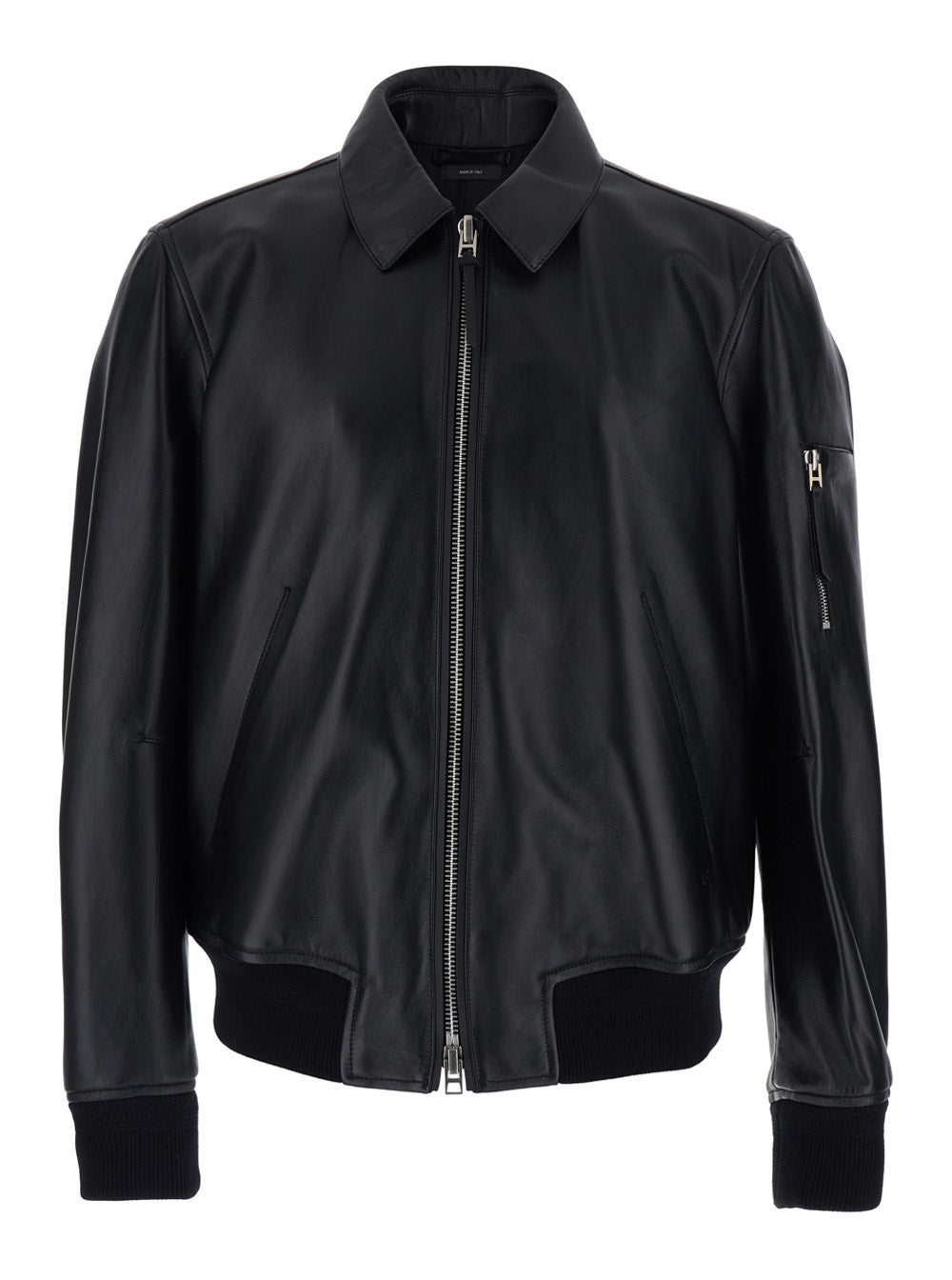 Tom Ford Men Black Jacket With Classic Collar And One Zip Pocket On The Sleeve In Leather For Men